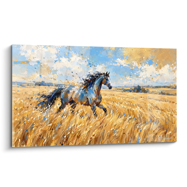 Tableau Cheval bleu et doré traversant un champ de blé mûr - Horizon de collines - Edition Cheval