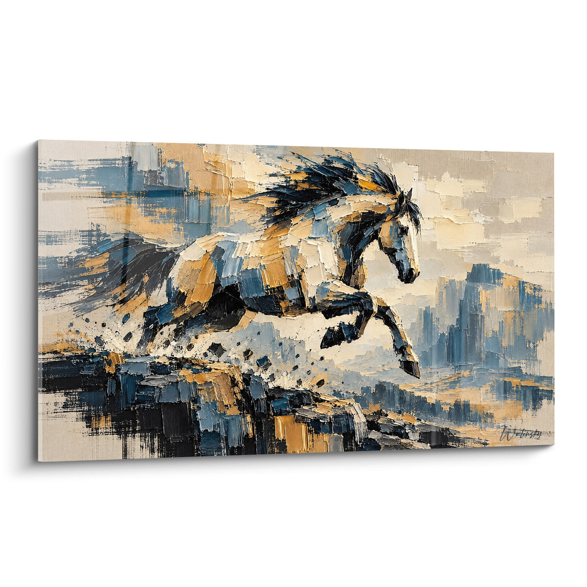 Tableau cheval au galop doré et bleu, texture épaisse au couteau sur fond beige sable