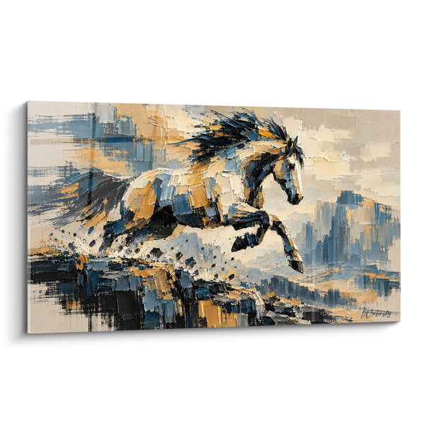 Tableau Cheval bleu et doré sur crête rocheuse - Empâtements au couteau - Edition Cheval