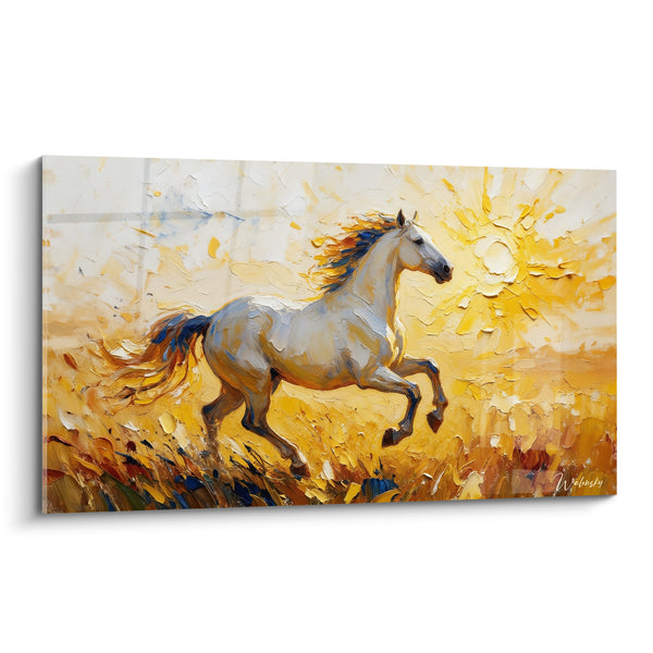 Tableau Cheval blanc doré au galop solaire - Course vers le soleil - Edition Cheval