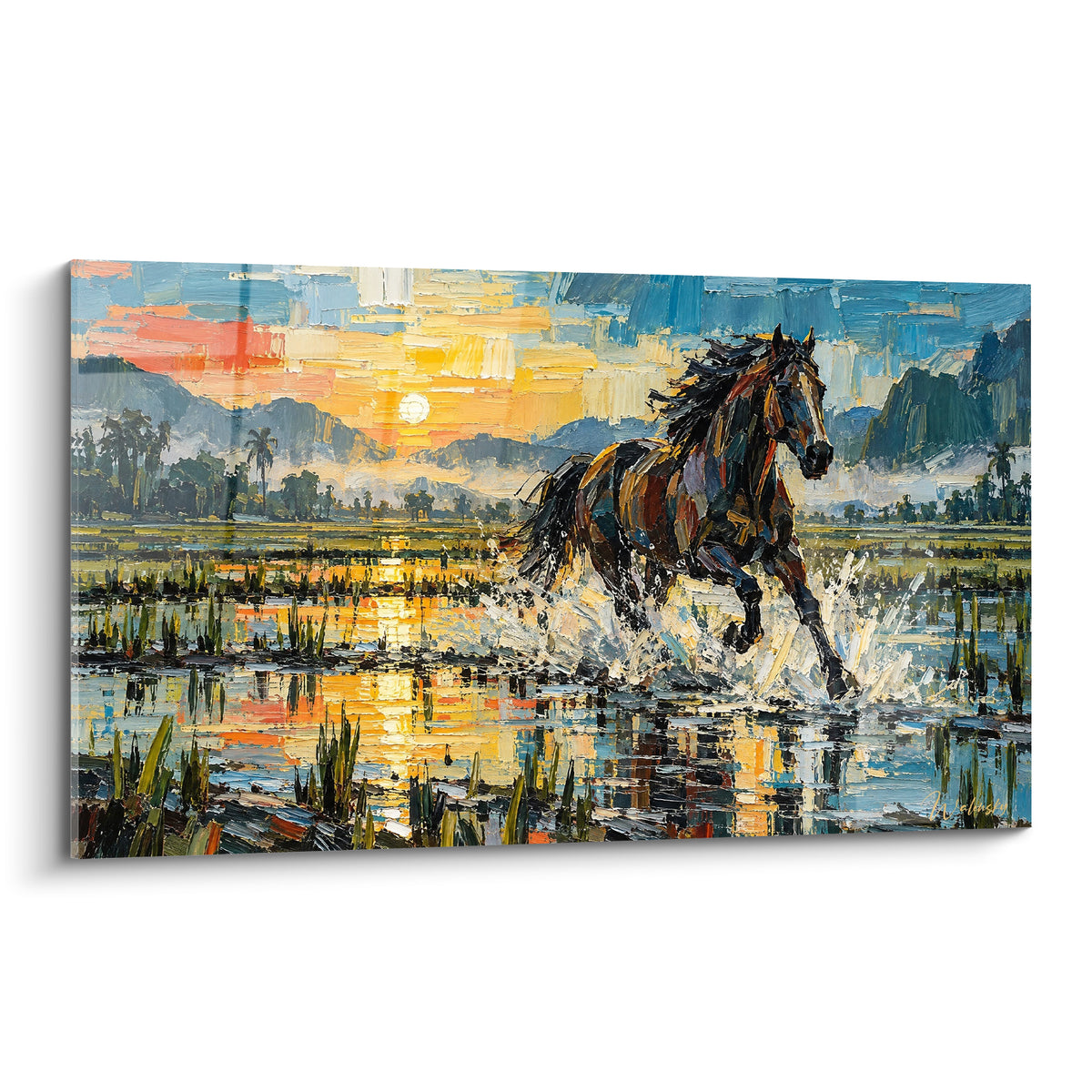Tableau cheval fauve galopant dans l'eau sous un ciel orangé et bleu pastel au couchant