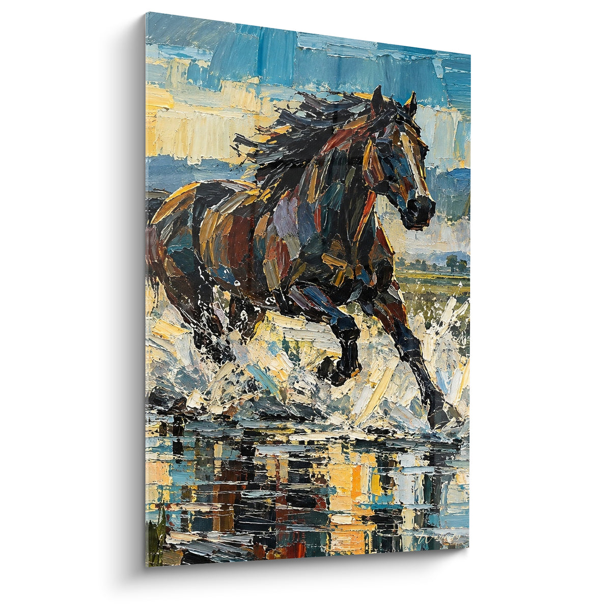 Tableau cheval noir au galop, éclaboussures dorées et ciel bleu, texture peinte en relief