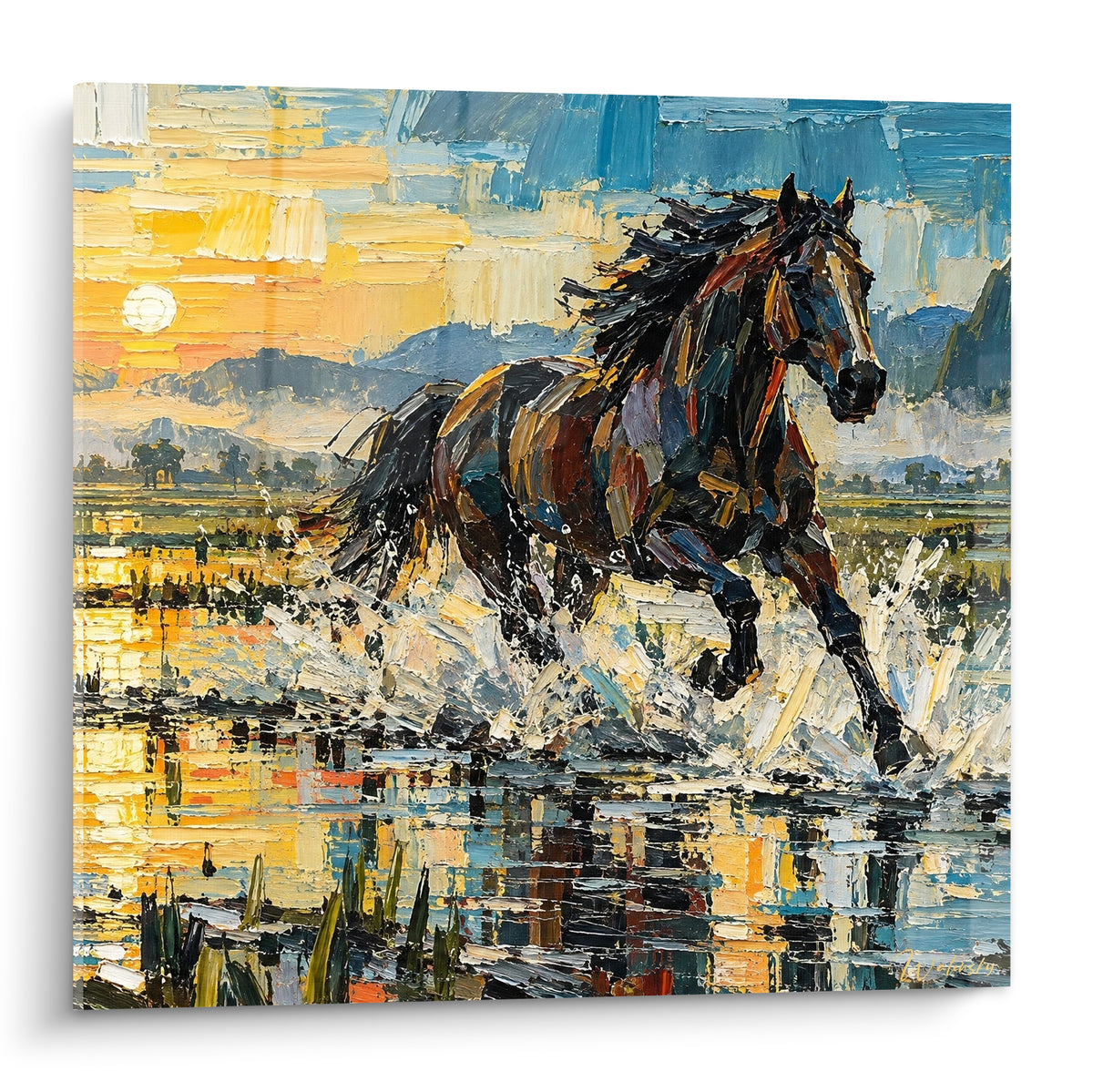 Tableau cheval fauve galopant dans l'eau dorée sous un ciel bleu marine au couchant