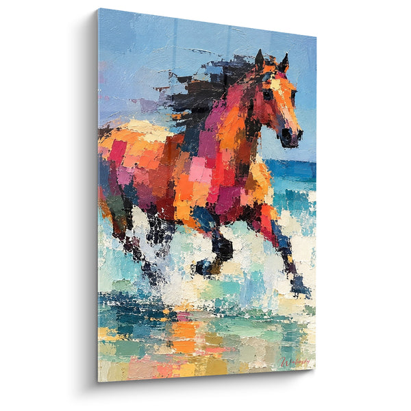 Tableau Cheval orange et turquoise dans les embruns marins - Reflets sur l'eau - Edition Cheval
