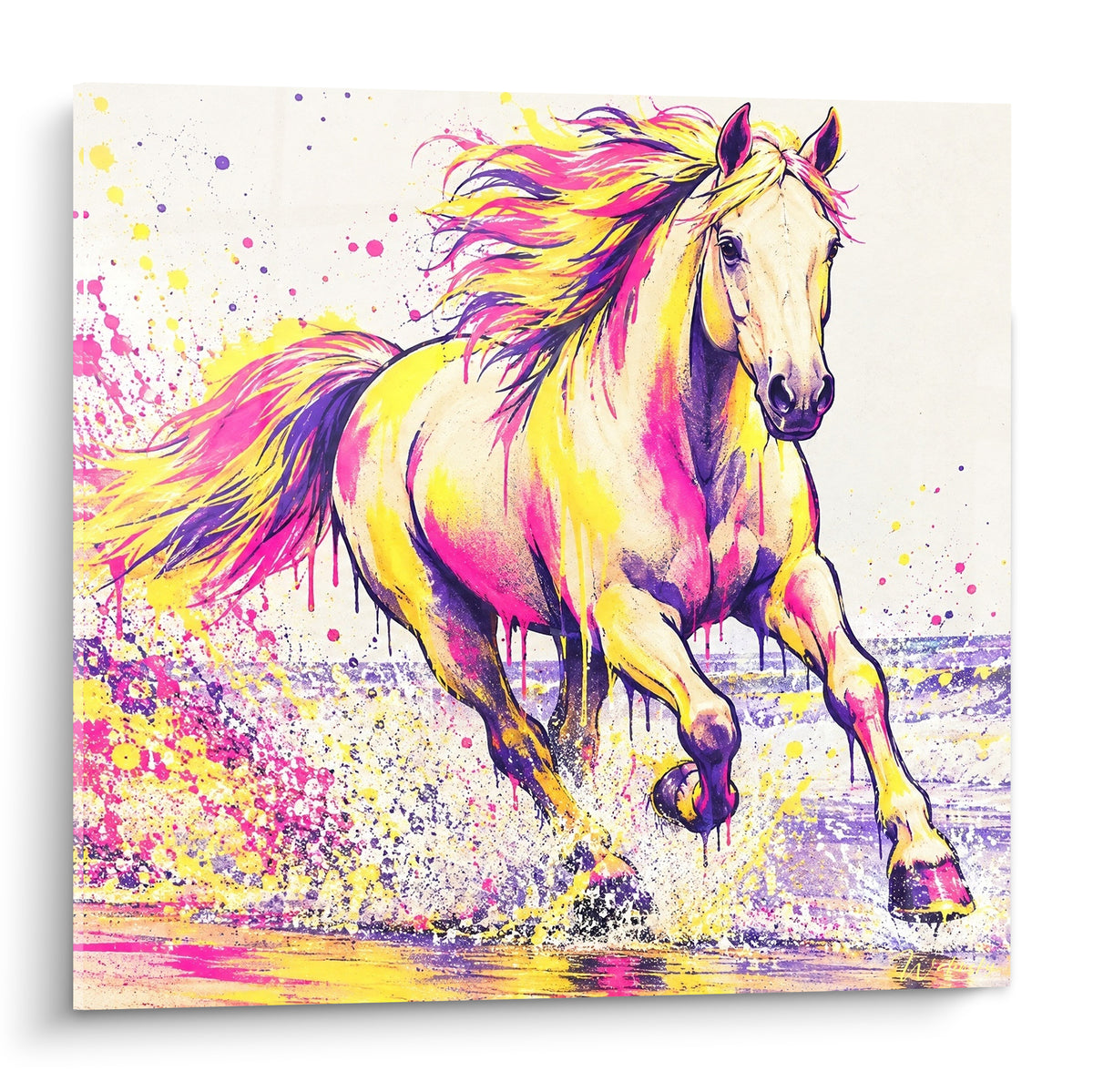 Tableau cheval au galop, robe jaune éclaboussée de rose et violet dans l'eau claire