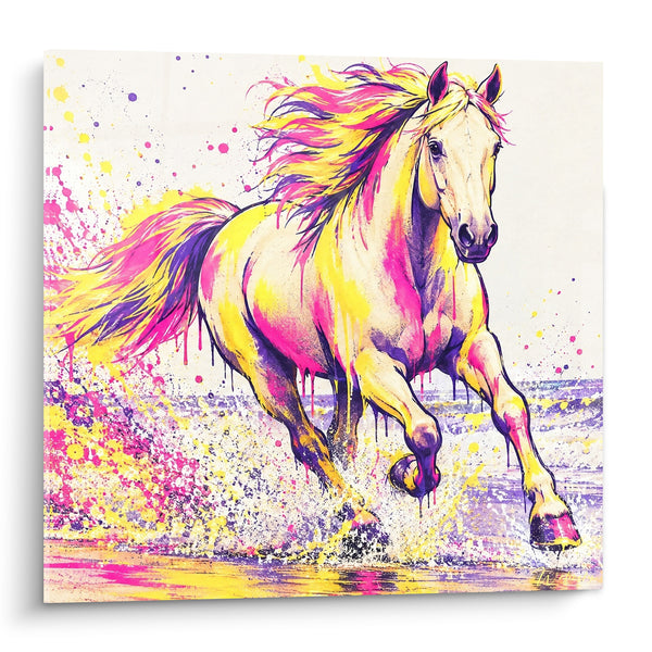 Tableau Cheval au galop jaune et rose éclaboussé - Galop effréné - Edition Cheval