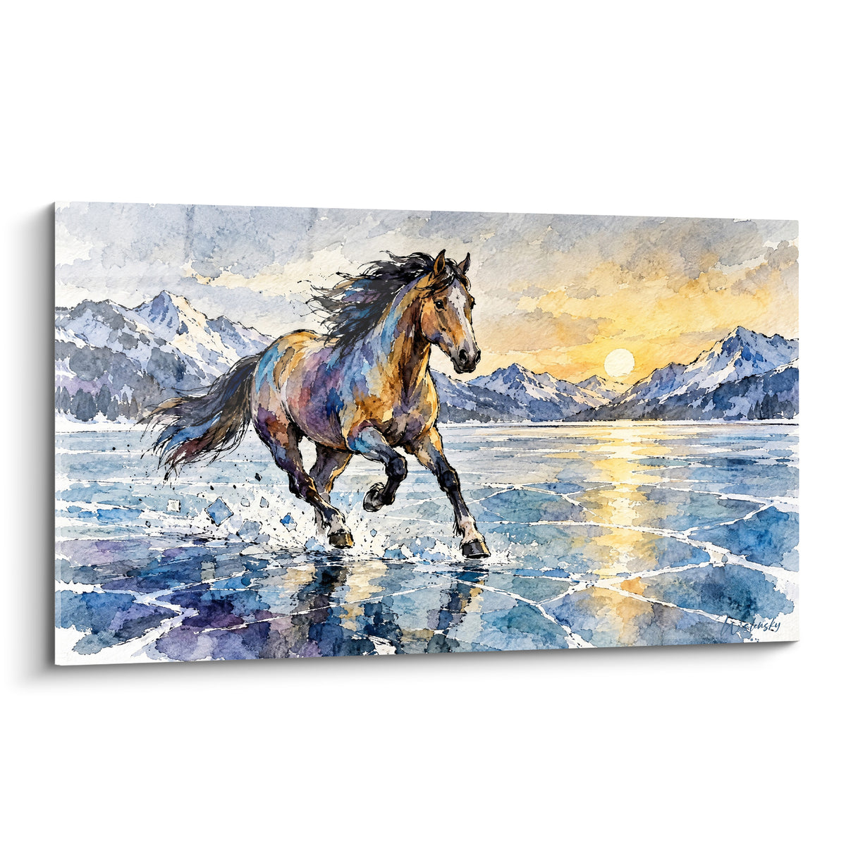 Tableau cheval fauve galopant sur un lac gelé bleu glacier sous un soleil doré, aquarelle vive