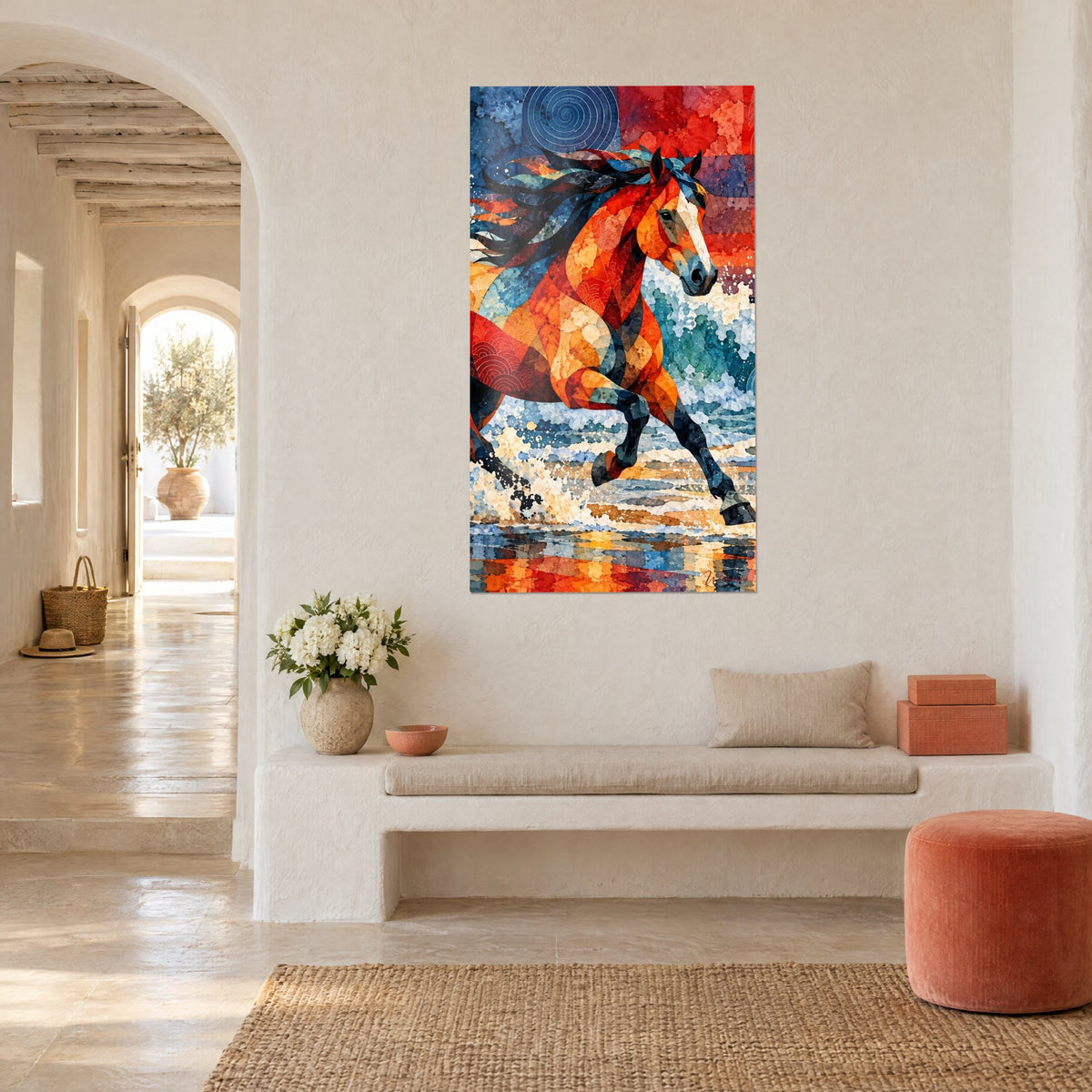 Tableau cheval au galop en tesselles orange et rouges, vagues turquoise et écume crème, dans une maison méditerranéenne