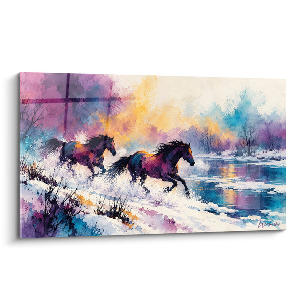 Tableau Chevaux galopant au bord d'une rivière enneigée - Course hivernale - Edition Cheval