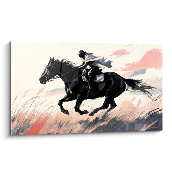 Tableau Cavalier noir au galop dans les herbes - Course effrénée - Edition Cheval