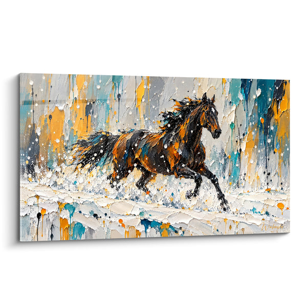 Tableau Cheval noir et ocre sous coulées givrées - Galop sous les stalactites - Edition Cheval