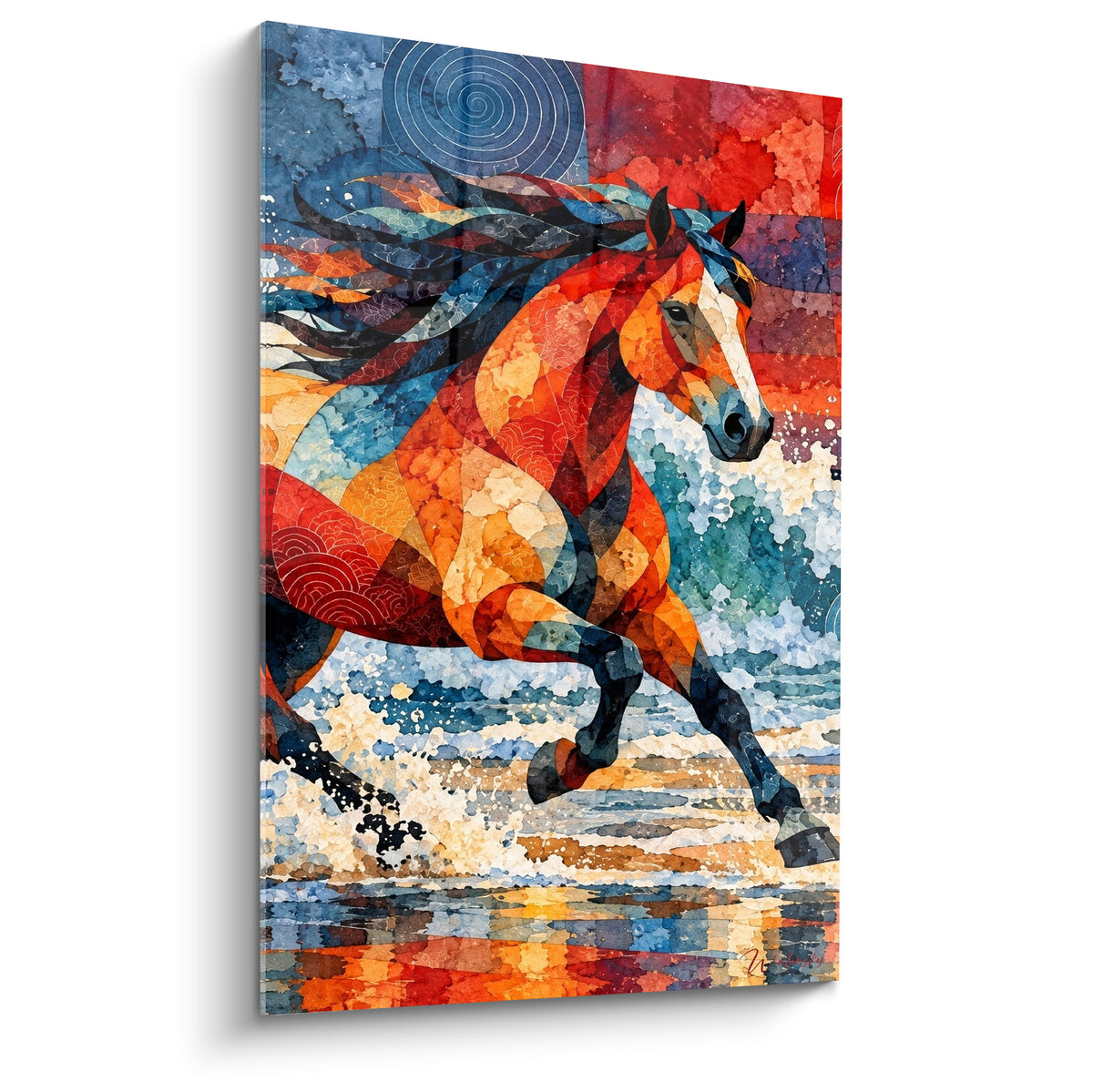 Tableau cheval fauve au galop, crinière bleu marine, éclaboussures orange et crème au premier plan