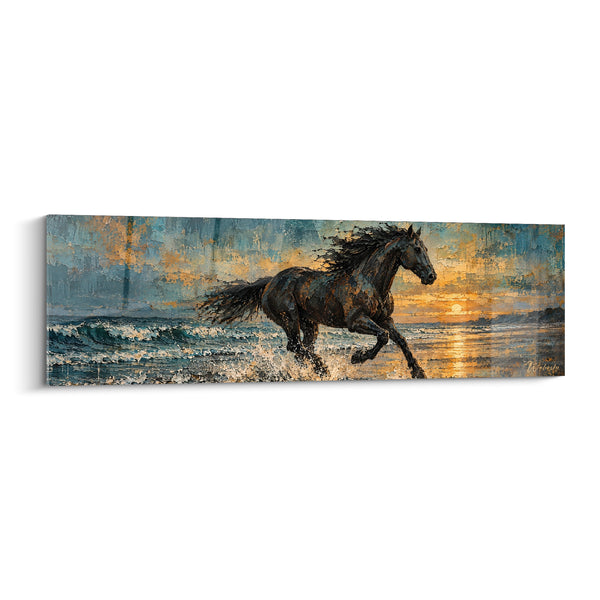 Tableau Cheval brun et bleu longeant le rivage - Vagues écumantes au soleil - Edition Cheval
