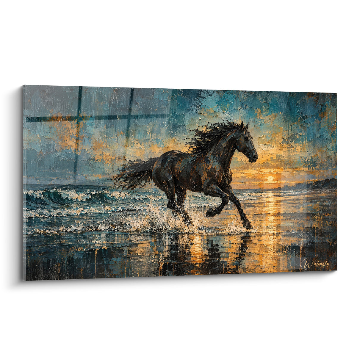 Tableau cheval noir galopant dans l'écume turquoise sous un coucher de soleil doré et orangé