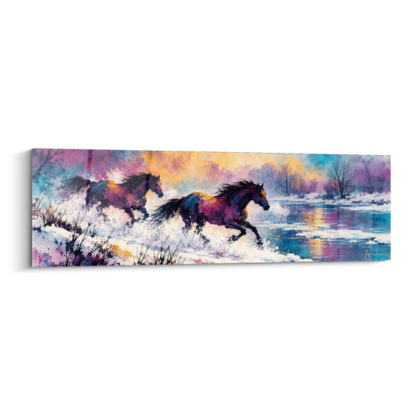 Tableau Chevaux au galop violet et turquoise - Fuite hivernale - Edition Cheval