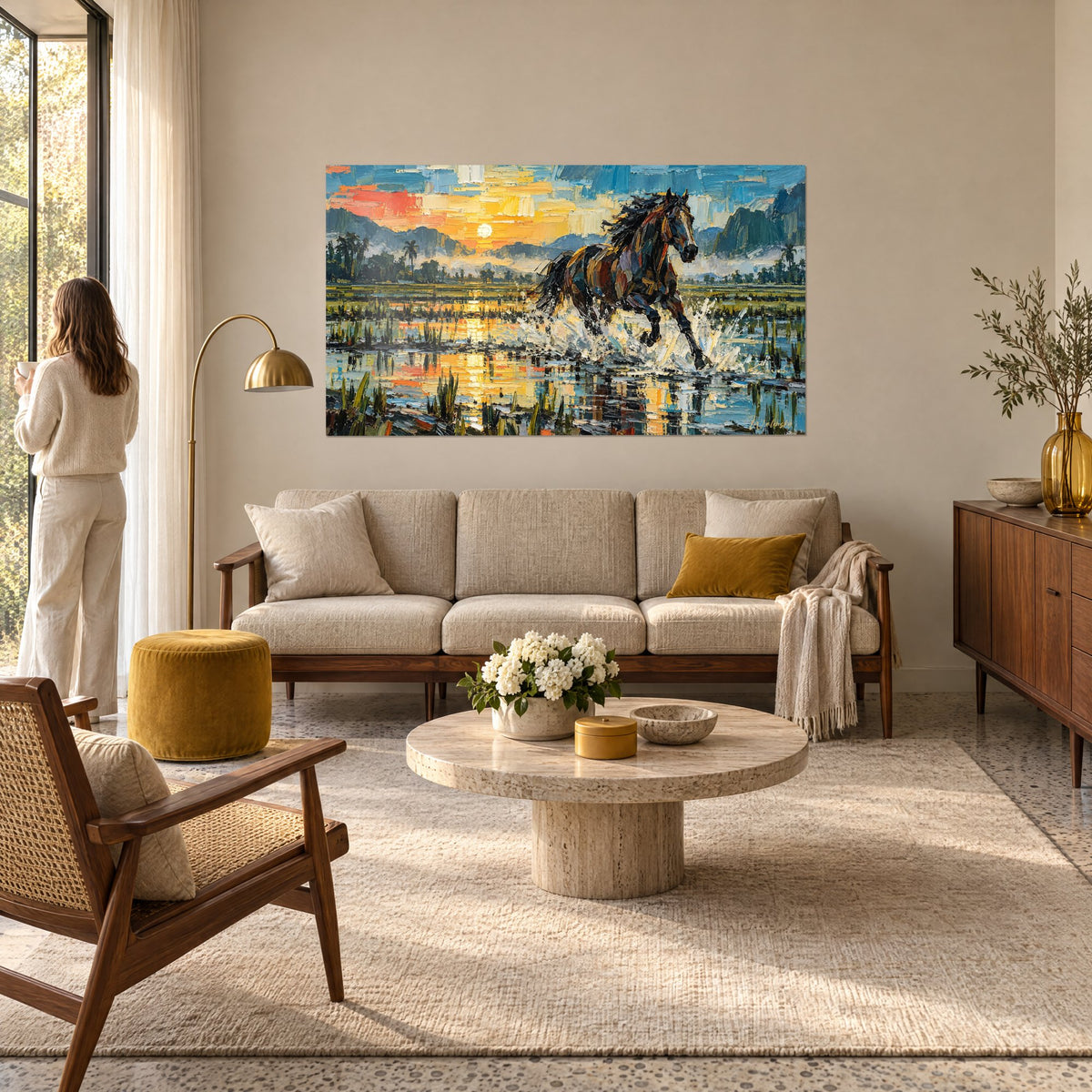 Tableau étalon brun galopant dans les rizières, soleil orangé et ciel bleu, au-dessus d'un canapé dans un salon lumineux