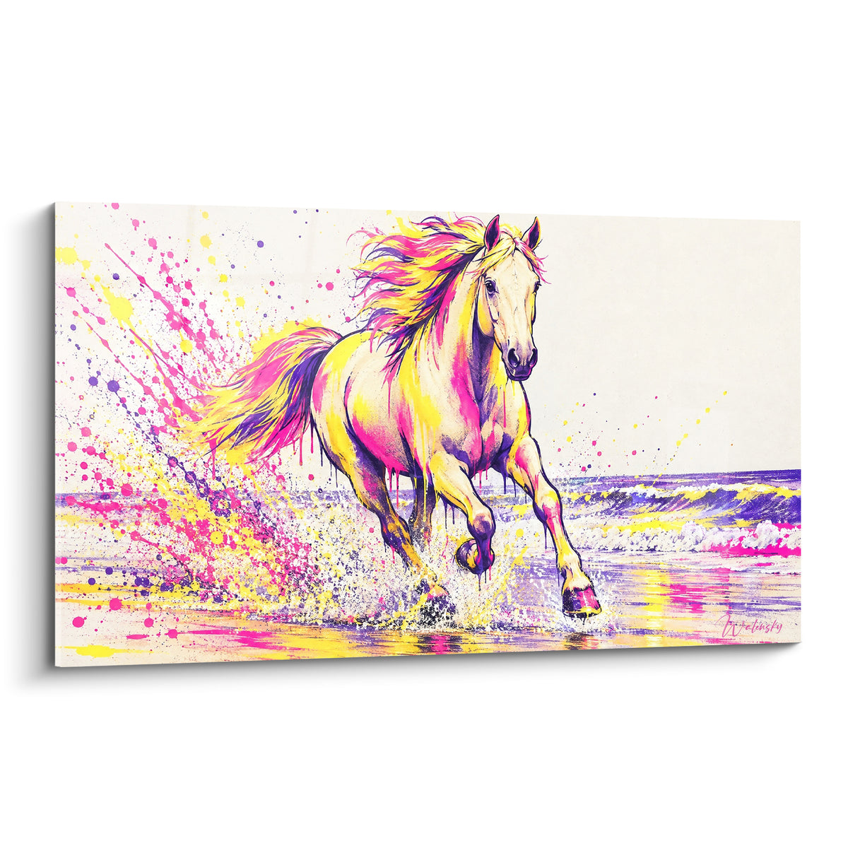 Tableau cheval galopant, robe jaune et rose, éclaboussures violettes sur fond ivoire clair