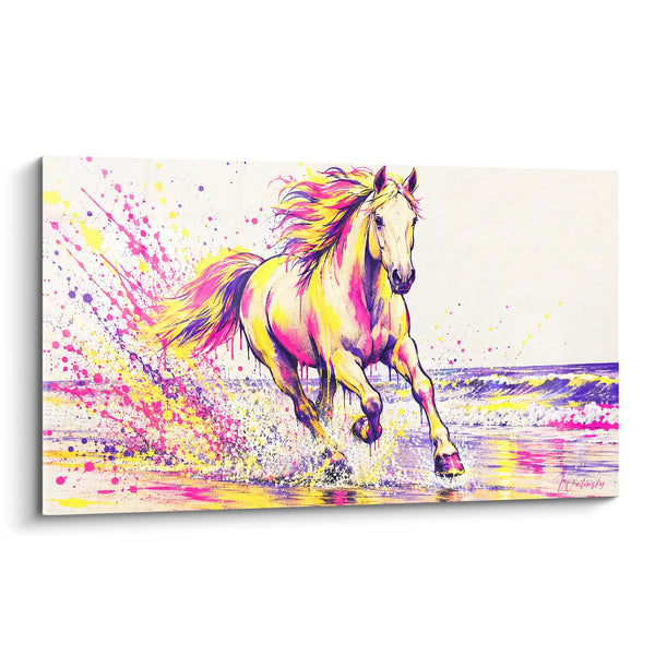 Tableau Cheval galopant dans l'écume rose et jaune - Course éclatante - Edition Cheval