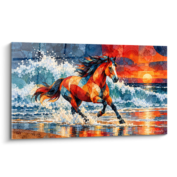 Tableau Cheval galopant dans les vagues orange et bleu - Course effrénée au couchant - Edition Cheval