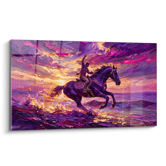 Tableau Cavalier au galop sur crête violette et dorée - Course triomphale - Edition Cheval