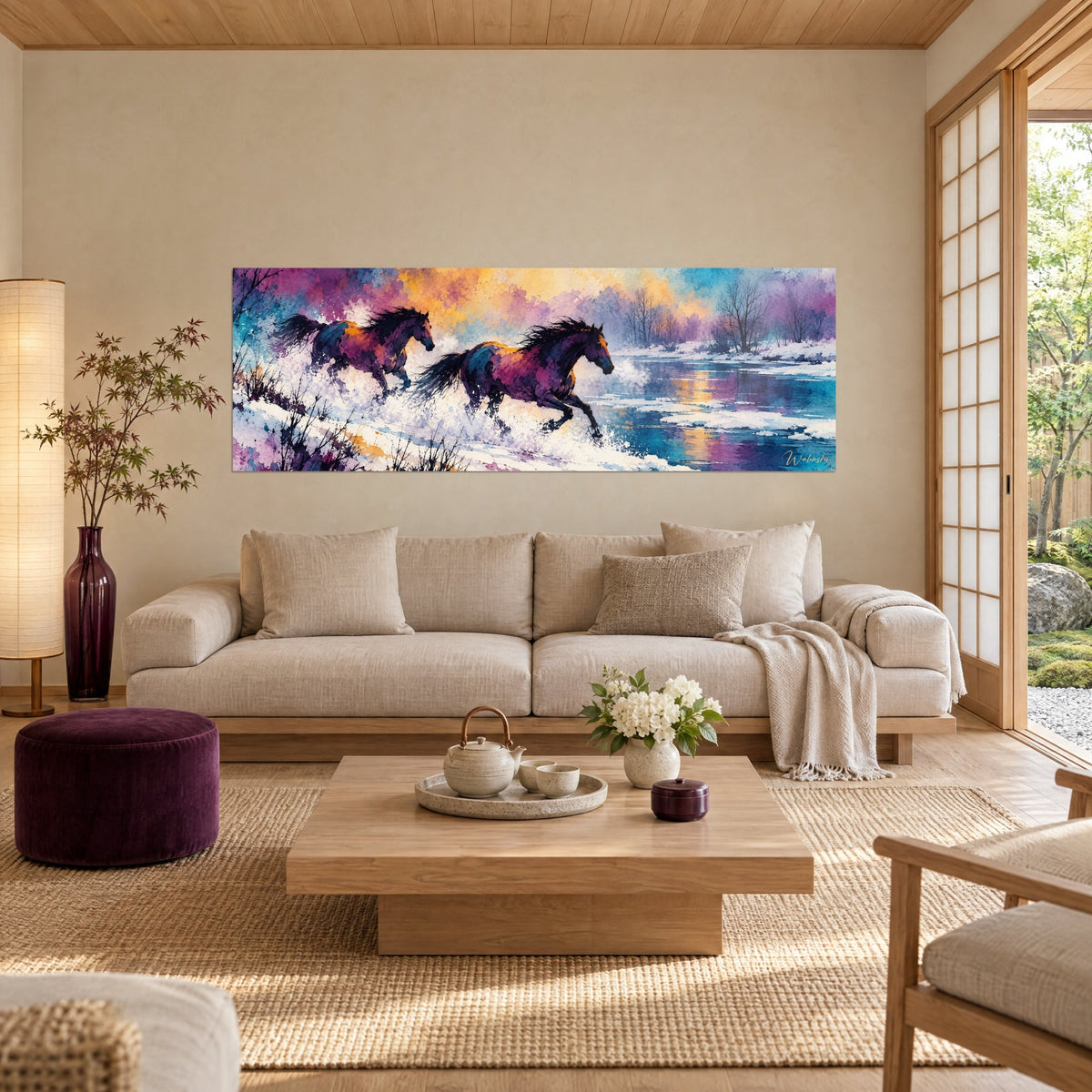 Tableau deux chevaux fougueux aux robes violettes et turquoise, ciel orangé, au-dessus d'un canapé dans un salon lumineux