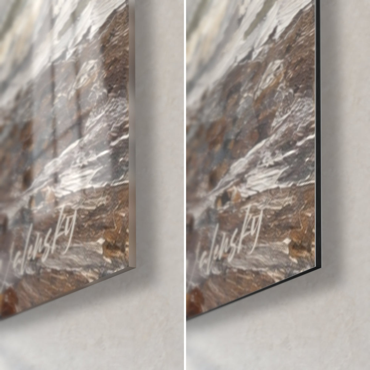 Tableau cheval gris éclaboussant l'eau, coin bas droit : verre acrylique brillant et alu Dibond mat noir, tranche de 3 mm visible