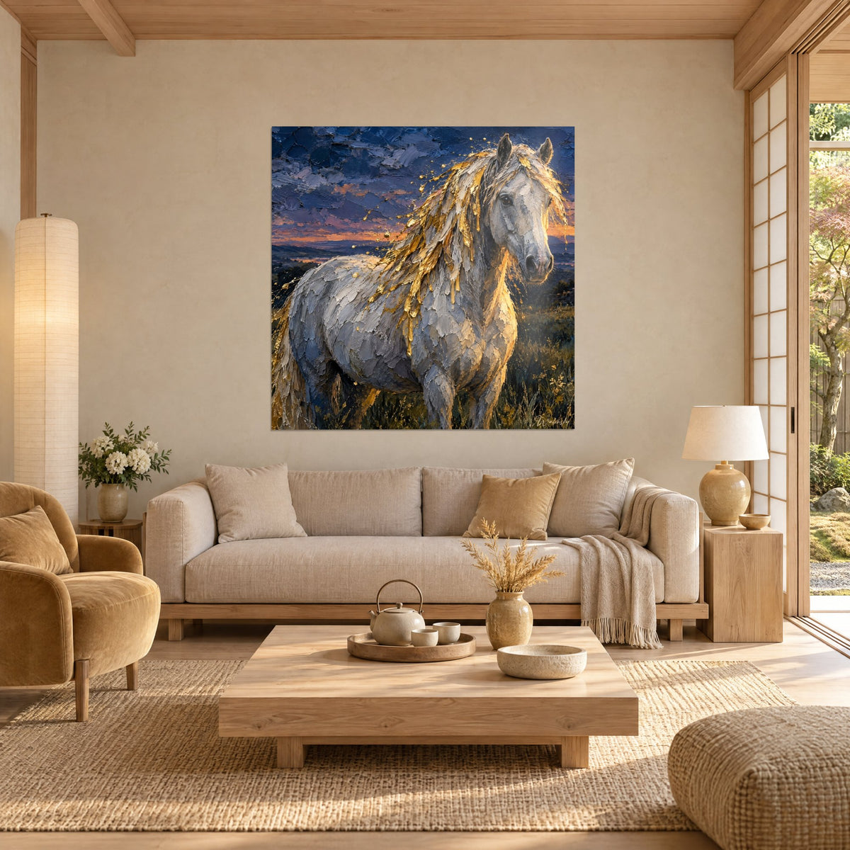 Tableau cheval gris aux mèches d'or fondu, ciel bleu nuit et orangé, au-dessus d'un canapé dans un salon lumineux
