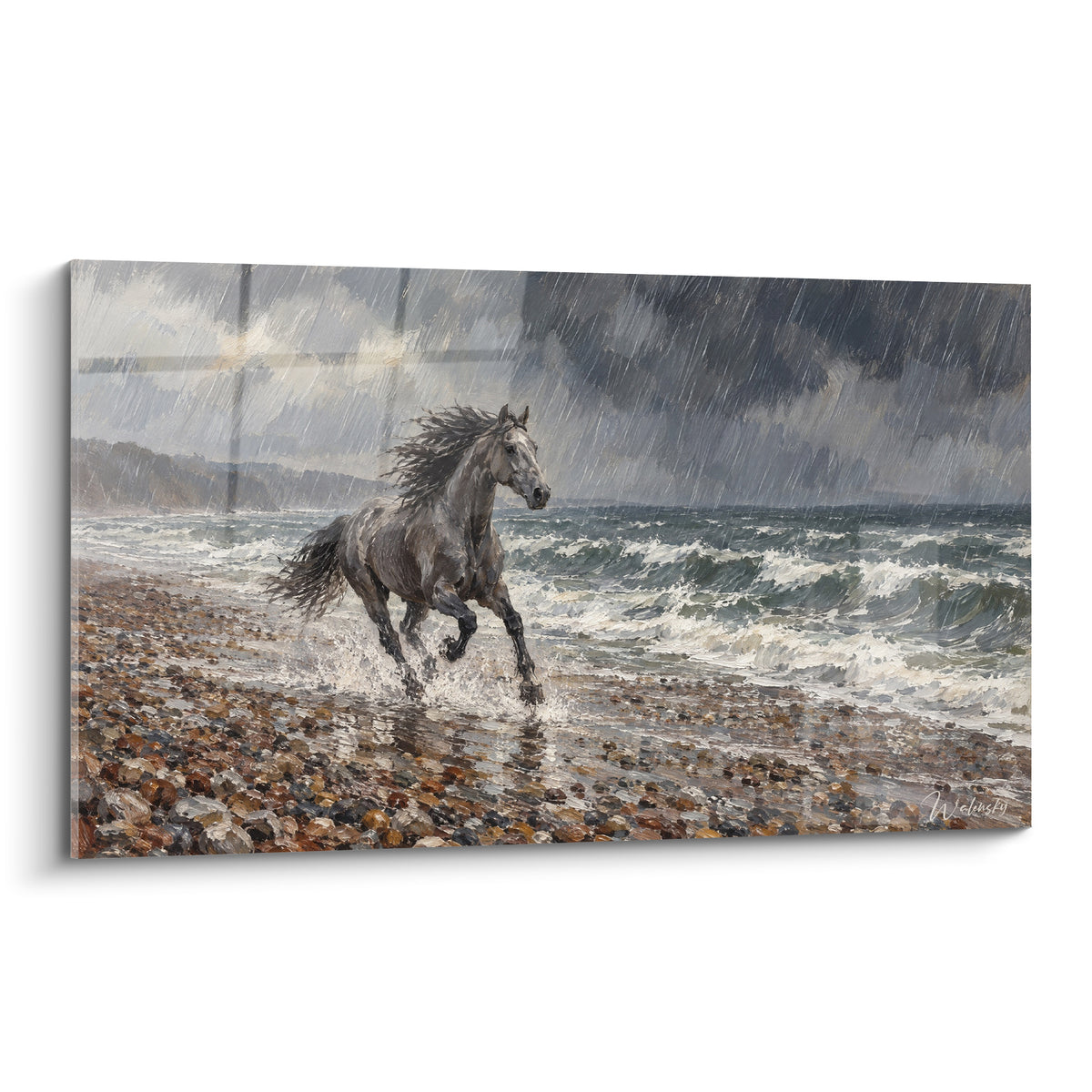 Tableau cheval gris galopant sous la pluie, mer bleu-gris agitée et ciel anthracite orageux