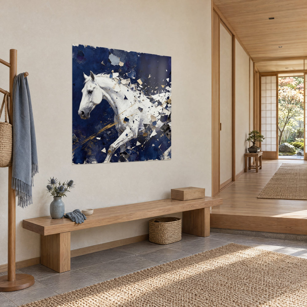 Tableau cheval gris perle aux fragments de papier éclatés sur fond indigo et or, face à un banc en bois, couloir japandi