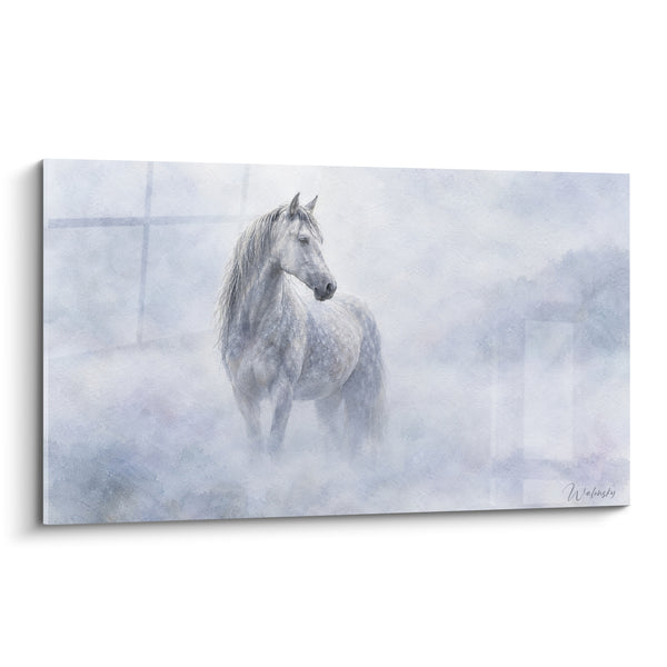 Tableau Cheval blanc et gris près d'une clôture embrumée - Silhouette évanescente - Edition Cheval