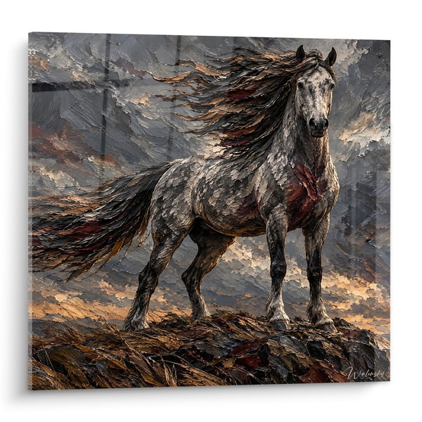 Tableau Cheval gris et bordeaux à crinière texturée - Souffle indompté - Edition Cheval