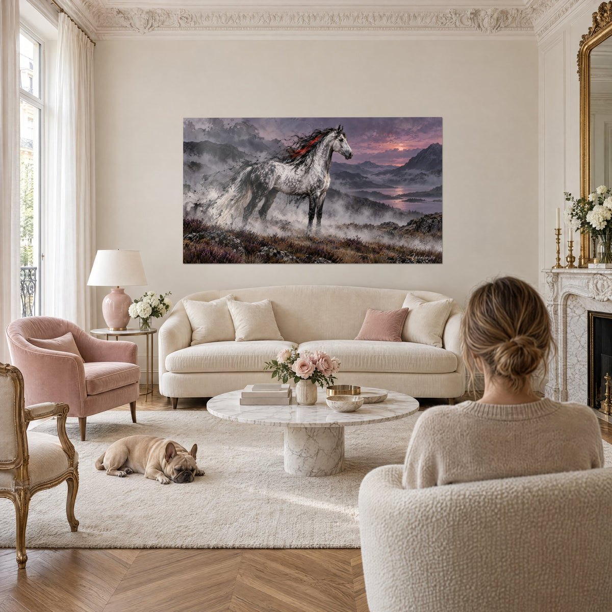 Tableau étalon pommelé gris aux crins noirs et rouges dans la brume des landes, au-dessus d'un canapé dans un salon lumineux