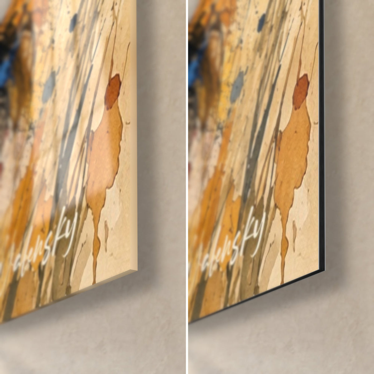 Tableau chevaux cabrés en aquarelle, coulures ocre et beige, signature blanche, verre brillant et Dibond mat côte à côte