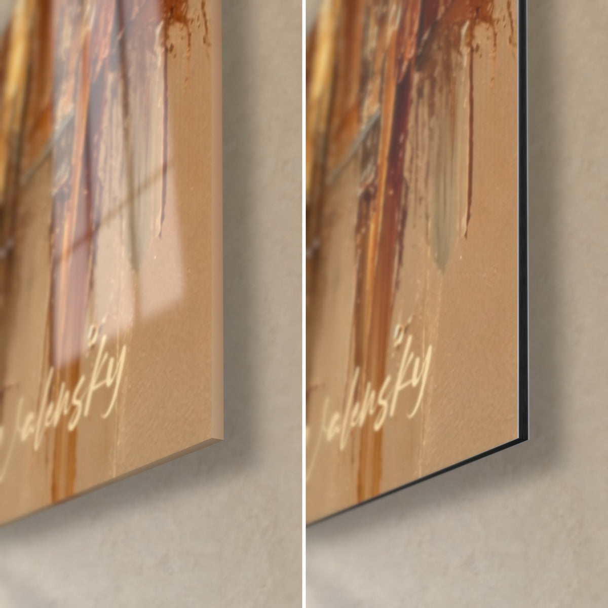 Tableau cheval blanc éclaboussant l'eau, coin bas droit : verre acrylique brillant à gauche, alu Dibond mat ocre à droite, tranche de 3 mm