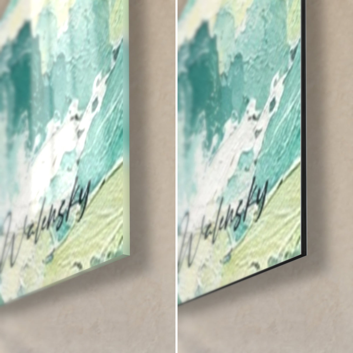 Tableau étalon brun et turquoise, coin bas droit : verre acrylique brillant à gauche, alu Dibond mat à droite, signature et tranche noire