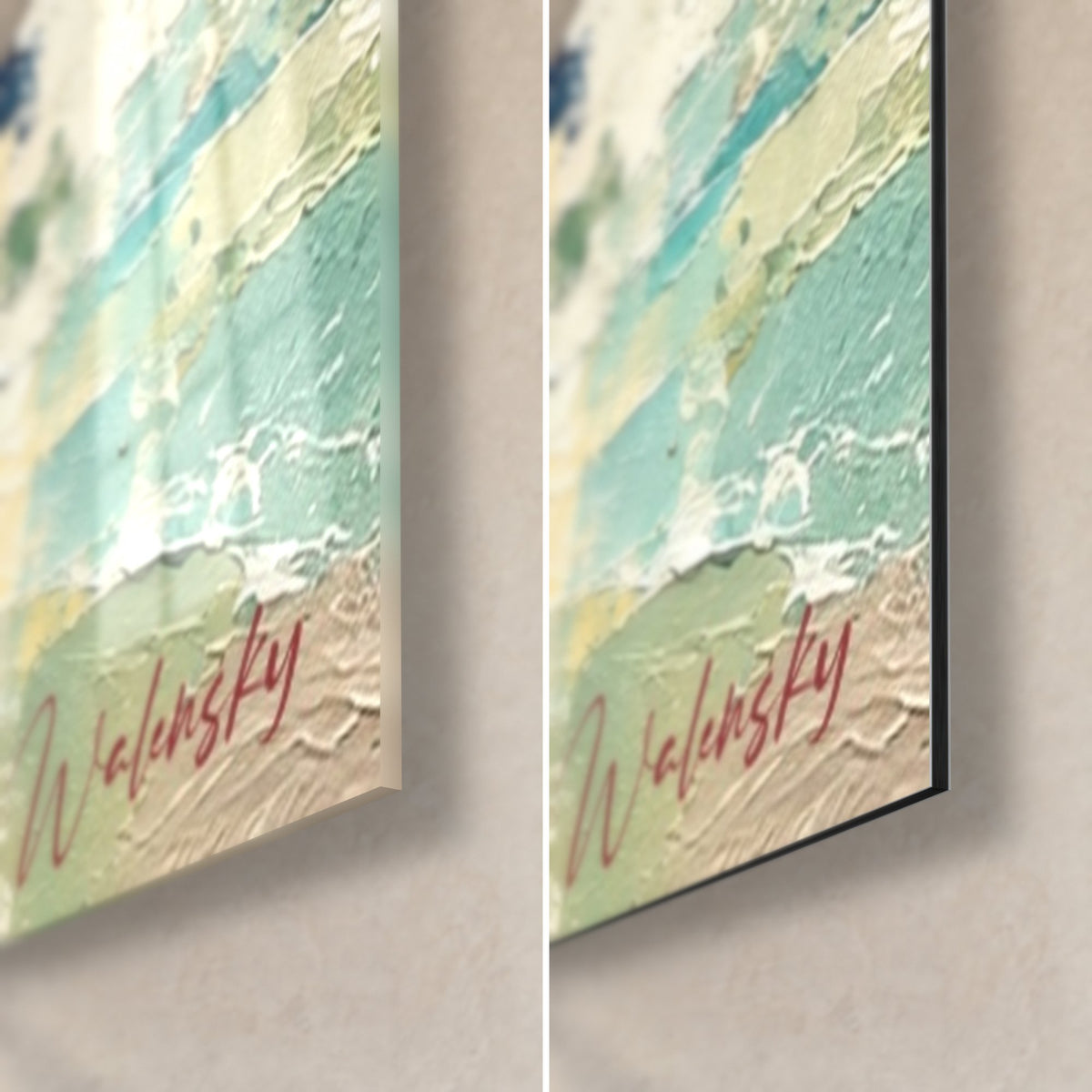 Tableau coursier peint au couteau, coin bas droit : verre brillant et Dibond mat, signature rouge sur turquoise et crème