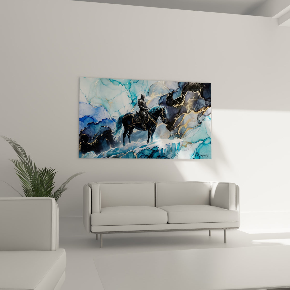 Guerrier en armure chevauchant un cheval bleu nuit sur glacier turquoise, au-dessus d'un canapé dans un salon lumineux