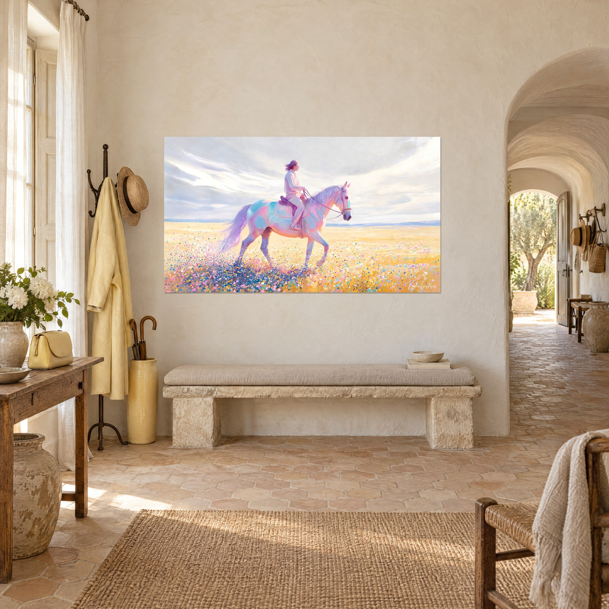 Tableau cheval blanc nacré au galop paisible, crinière lilas et ciel nuageux, mur crème près d'une arche du mas provençal