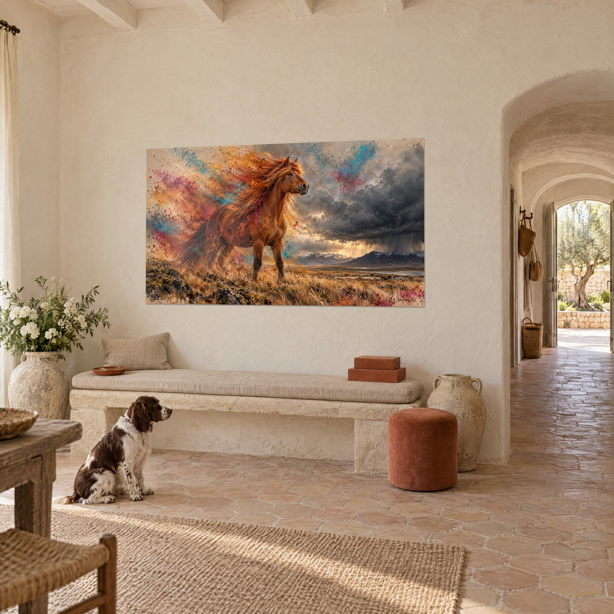 Tableau étalon alezan au pelage cuivré sous un ciel d'orage gris et doré, mas provençal, banquette en pierre
