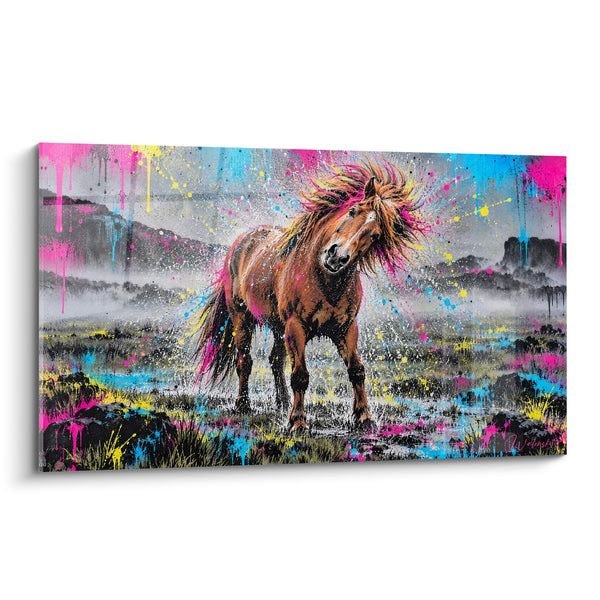Tableau Cheval brun aux éclaboussures roses et turquoise - Souffle sauvage - Edition Cheval Islandais