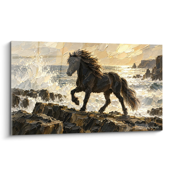 Tableau Cheval noir sur rochers dorés - Marche face aux embruns - Edition Cheval Islandais