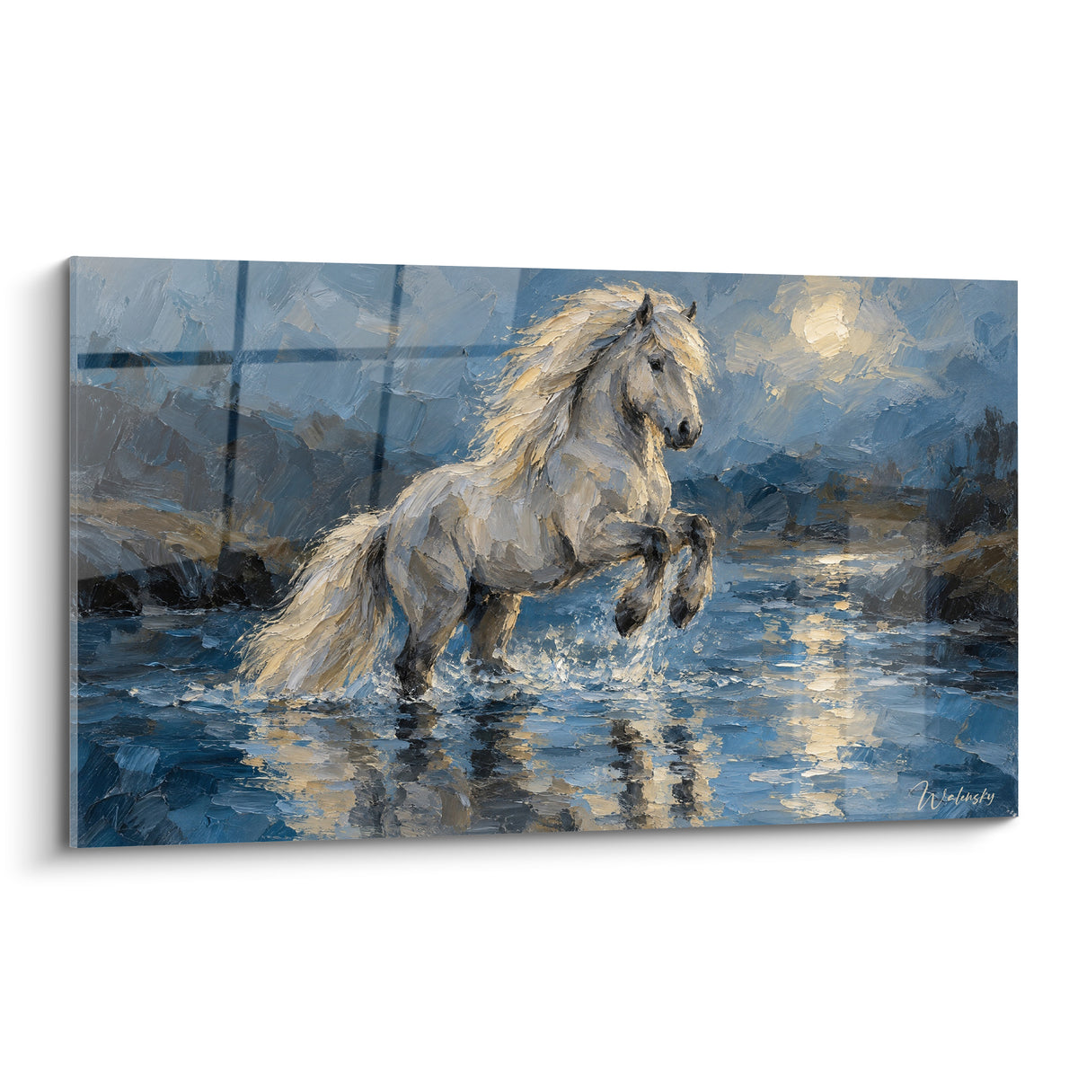 Tableau Cheval Islandais blanc cabré dans l'eau bleu marine sous une lune dorée voilée