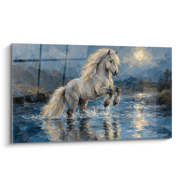 Tableau Cheval blanc cabré dans l'eau bleue - Galop lunaire - Edition Cheval Islandais