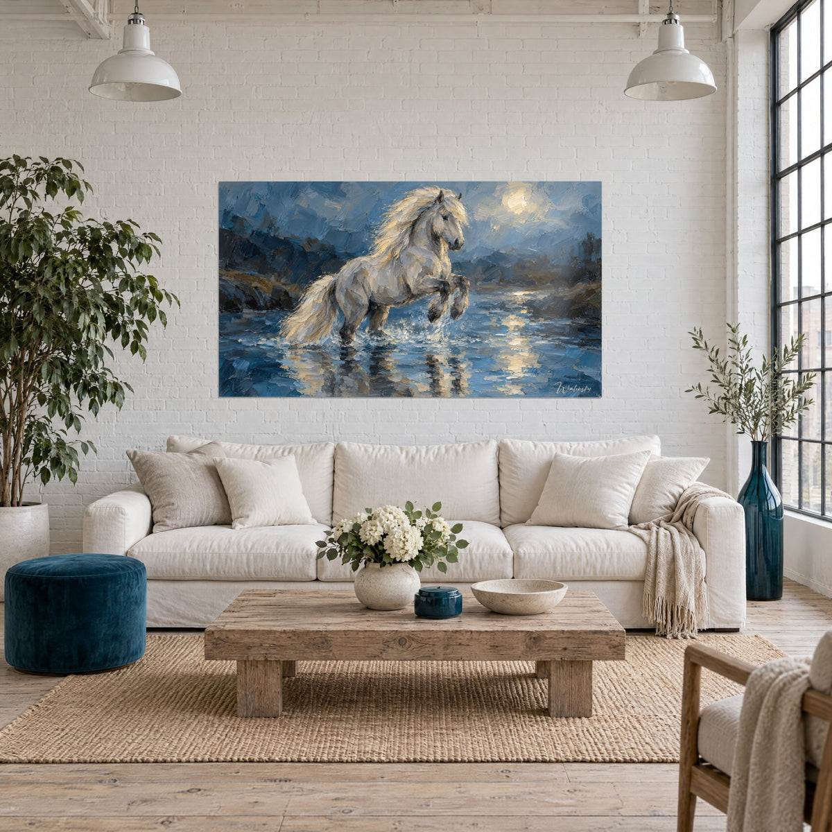 Tableau étalon blanc cabré dans l'eau, crinière dorée, ciel bleu acier, lune pâle, au-dessus d'un canapé dans un salon lumineux