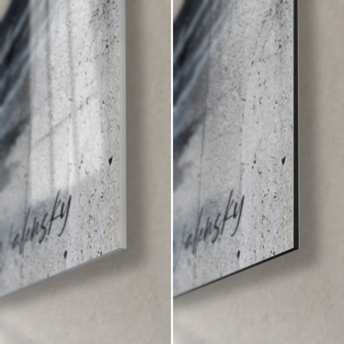 Tableau cavalier au clair de lune, coin bas droit : verre acrylique brillant et reflets à gauche, alu Dibond gris mat à droite, tranche de 3 mm