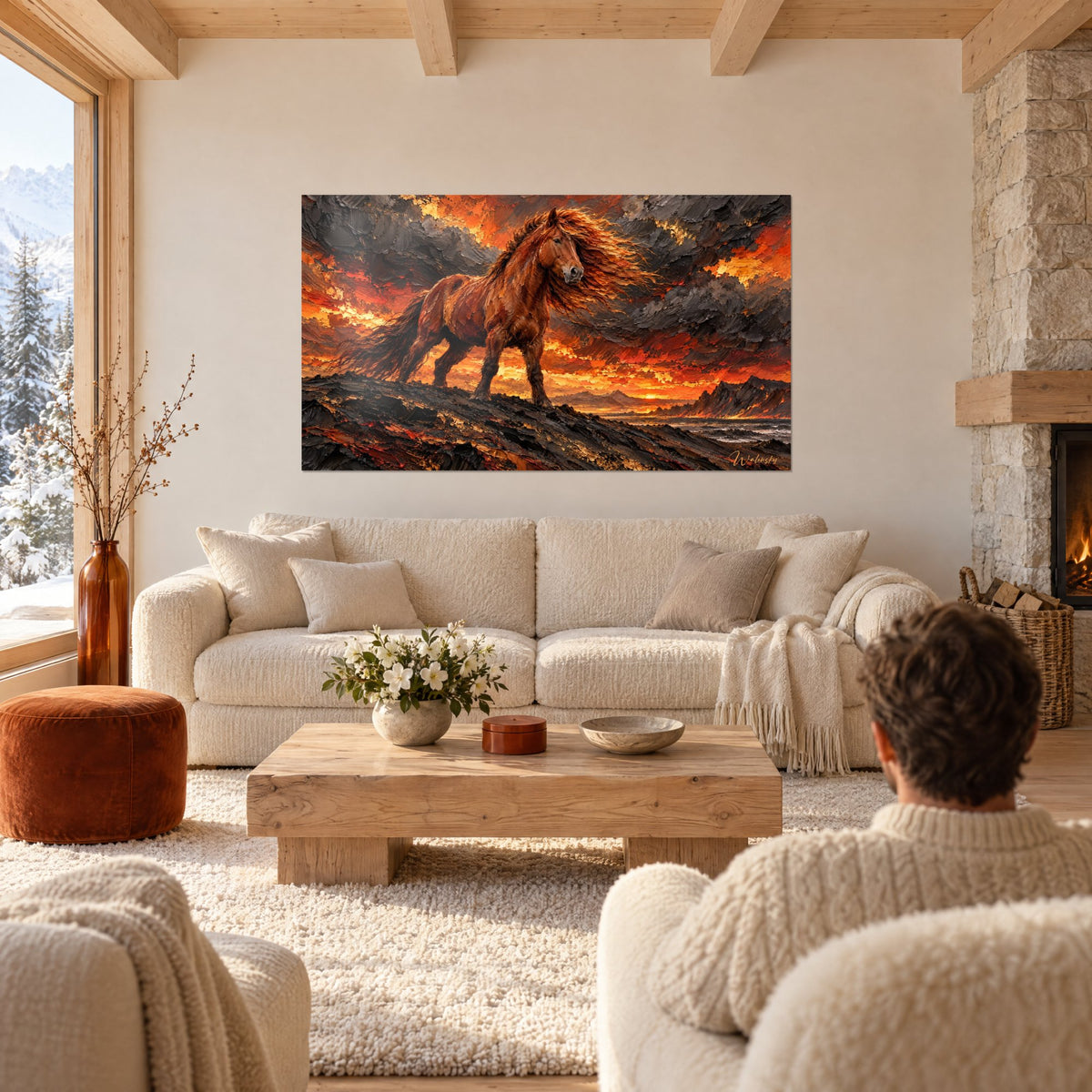 Tableau étalon roux à la crinière flamboyante sur roche anthracite, ciel orange et noir, au-dessus d'un canapé dans un salon lumineux