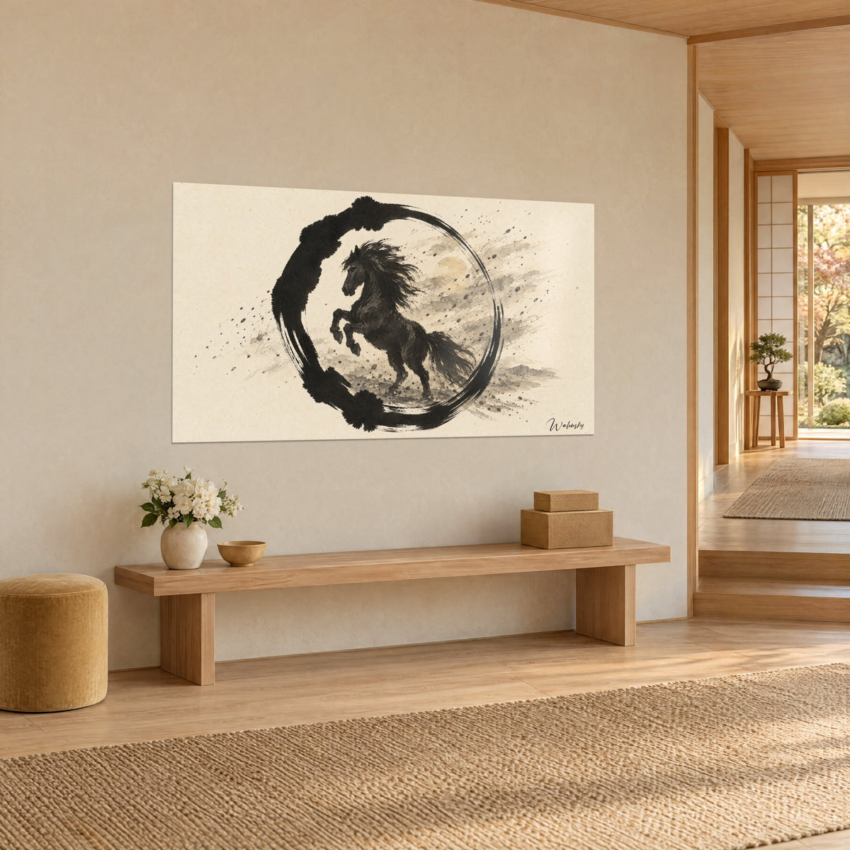 Tableau cheval islandais aux crins fouettés, trait d'encre noire sur papier ivoire, sobre mur beige, banc en bois clair