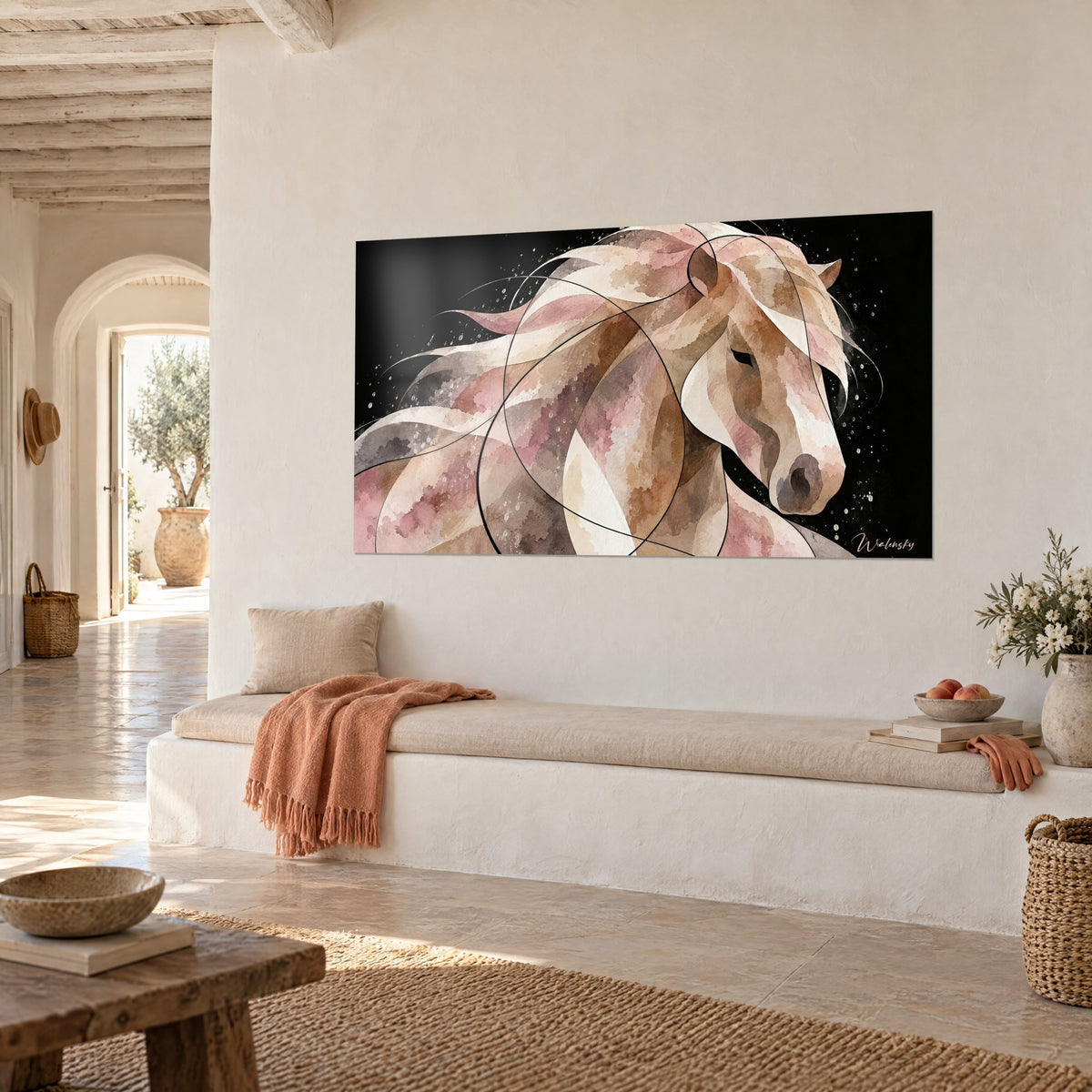 Tableau cheval islandais en facettes beige et anthracite, traits noirs fins, vu de biais au-dessus d'une banquette blanche aux plaids orangés