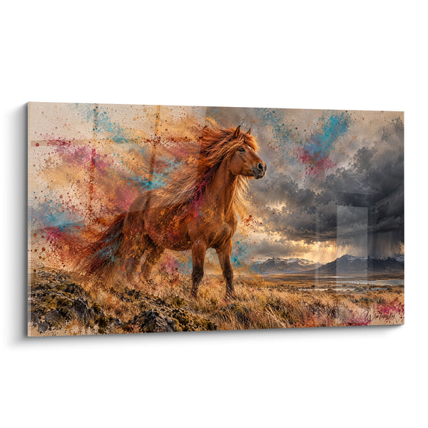 Tableau Cheval roux aux éclaboussures bleu et rose - Défi de la tempête - Edition Cheval Islandais