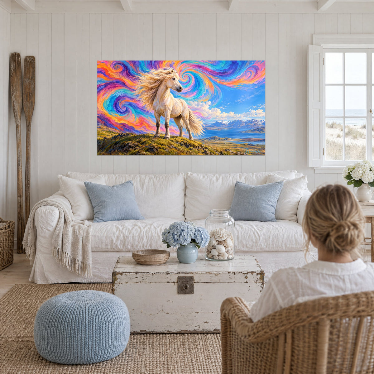 Tableau cheval islandais crème, crinière dorée au vent, ciel de spirales roses et turquoise, au-dessus d'un canapé dans un salon lumineux